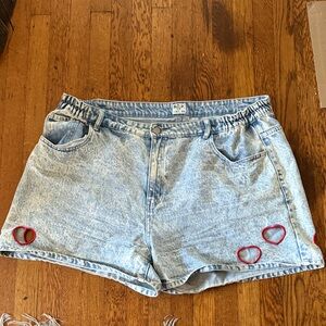 Stylish Light Blue Denim Shorts with Red Heart Details